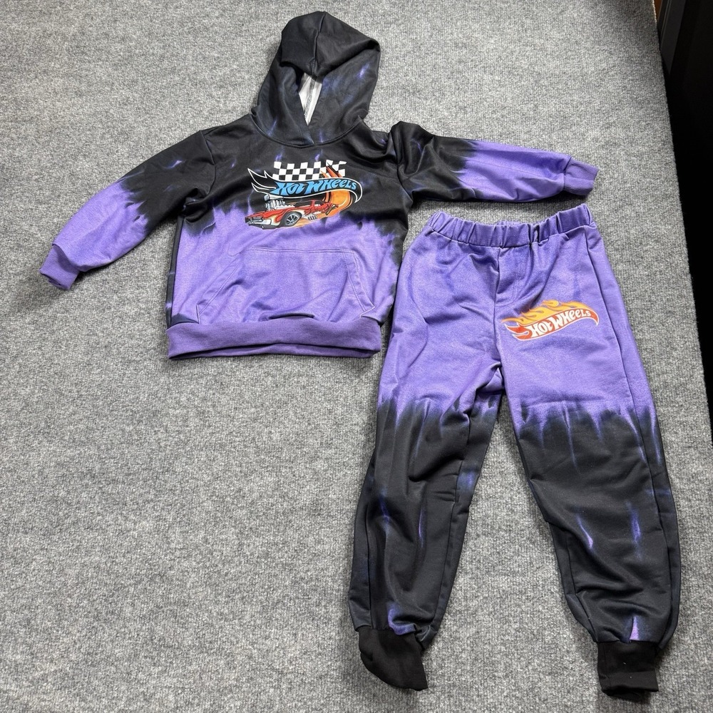 Hot Wheels Boys Tracksuit Purple Black Tie Dye Hoodie Sweatpants Combo Sz 5/6Y